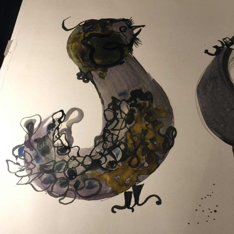 Anne Body " The Great Combat " cop and hen, Mixed Media on paper, 1965