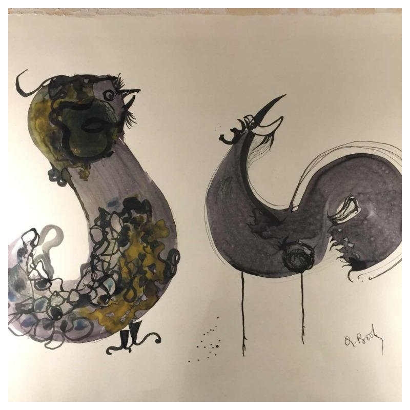 Anne Body " Le Grand Combat " cop et poule, technique mixte sur papier, 1965