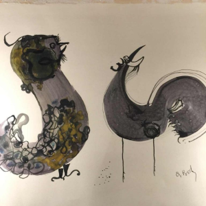 Anne Body " Le Grand Combat " cop et poule, technique mixte sur papier, 1965