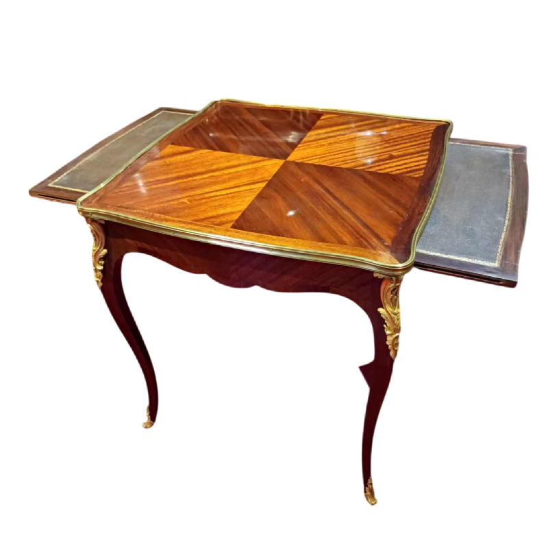 Table Cabaret Louis XV, estampillée L. CUEUNIERES, marqueteries et bronze, fin XIXe s