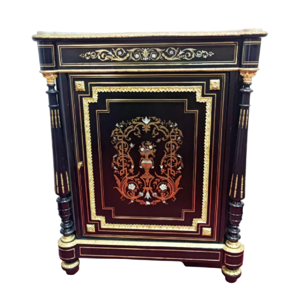 Napoleon III kabinet, gezwart hout marqueterie, messing, wit marmer, 19e eeuw
