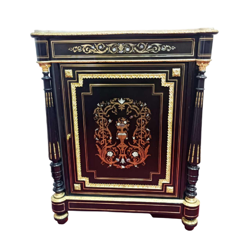 Napoleon III kabinet, gezwart hout marqueterie, messing, wit marmer, 19e eeuw