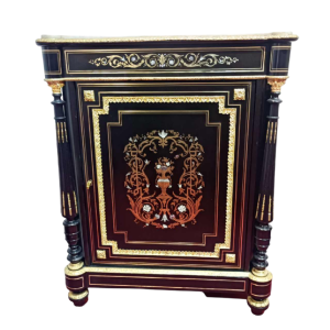 Napoleon III kabinet, gezwart hout marqueterie, messing, wit marmer, 19e eeuw