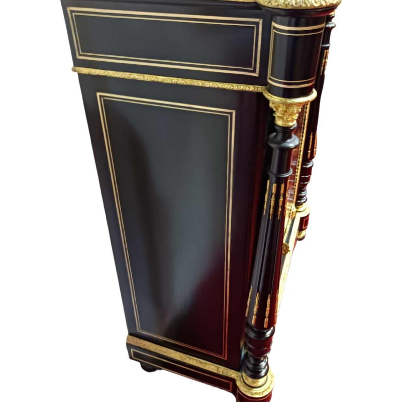 Napoleon III kabinet, gezwart hout marqueterie, messing, wit marmer, 19e eeuw