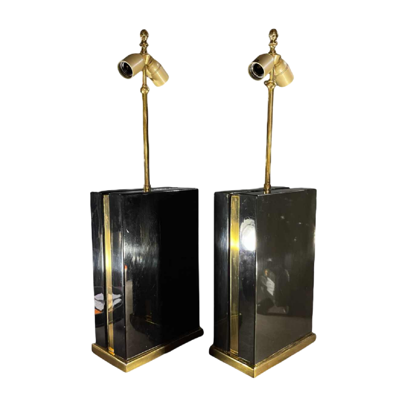 Paire de lampes à poser de style Hollywood Regency laquées noir et laiton, ca 1970