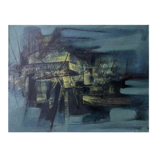 MACKOWIAK ERWIN, tableau abstrait bleu, peintre belge, huile sur panneau, 1960