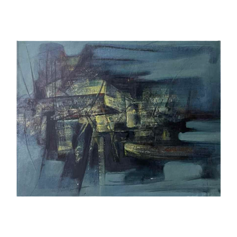 MACKOWIAK ERWIN, tableau abstrait bleu, peintre belge, huile sur panneau, 1960