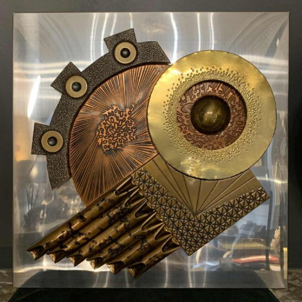 Abstract Brutalist Wall Sculpture, copper, brass, aluminum bas-relief 1970s