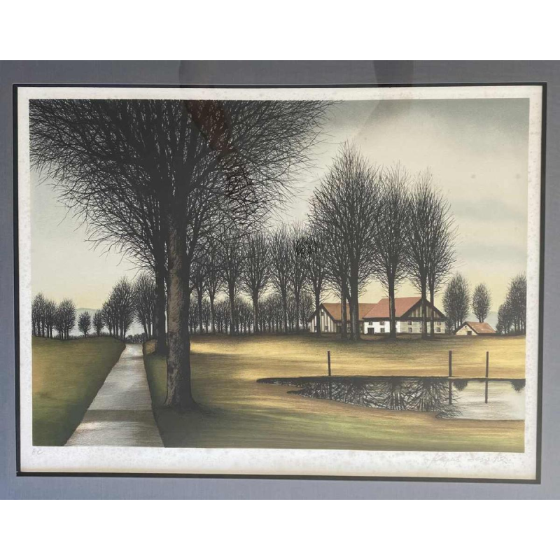Jacques Deperthes, paysage arboré, lithogravure réaliste, XXe s