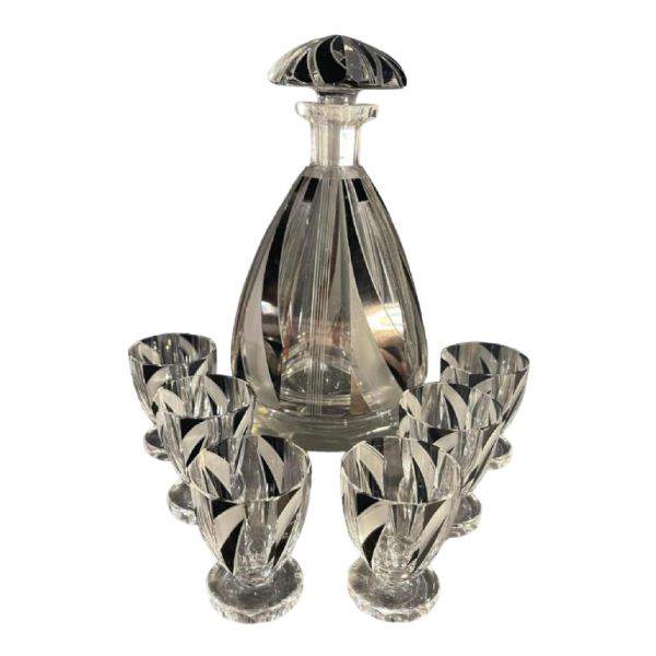 KARL PALDA, Likeurservies, karaf en 6 Art Deco glazen, geslepen gedubbeld kristal, kubistische decoratie, ca 1930