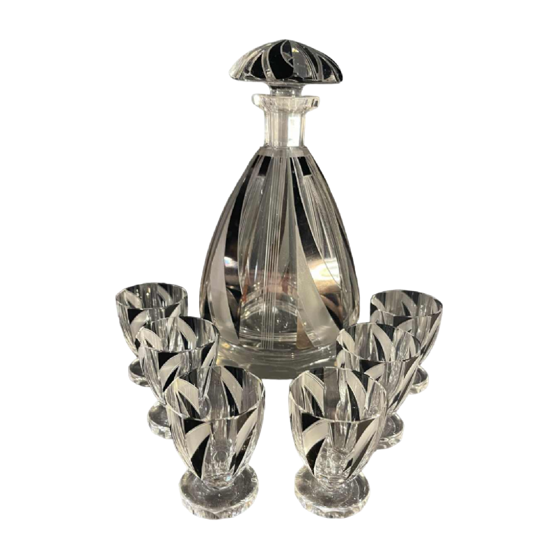 KARL PALDA, Likeurservies, karaf en 6 Art Deco glazen, geslepen gedubbeld kristal, kubistische decoratie, ca 1930