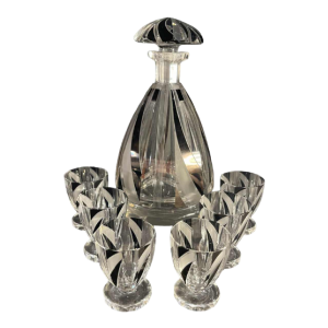 KARL PALDA, Likeurservies, karaf en 6 Art Deco glazen, geslepen gedubbeld kristal, kubistische decoratie, ca 1930
