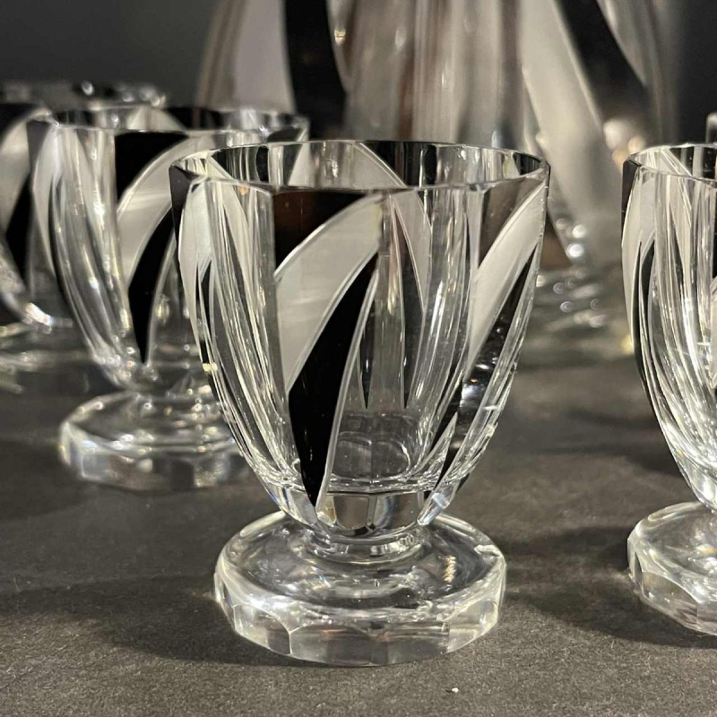 KARL PALDA, Liqueur service, carafe & 6 Art Deco glasses, cut doubled crystal, cubist decoration, ca 1930