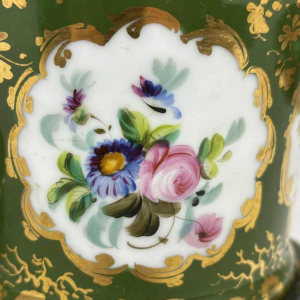 Pair of planters and bowls, green Paris porcelain, floral and gilded decoration, 19th c