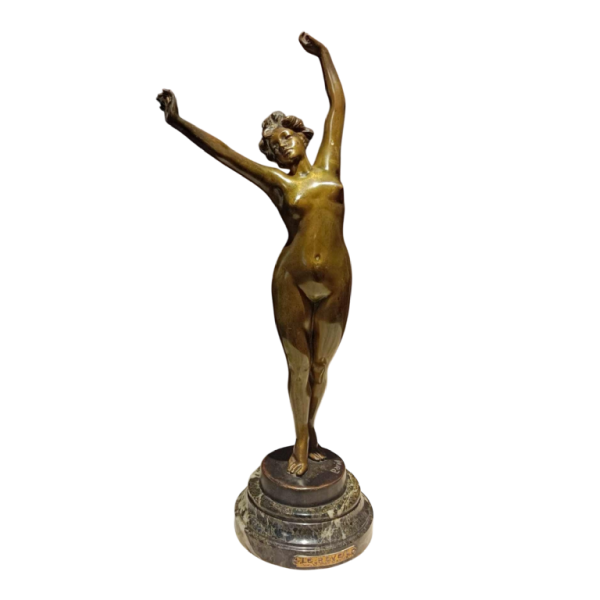 Albert Eugène DAVID le réveil sculptuur van een naakt jong meisje in brons, begin 20ste eeuw