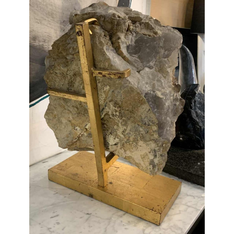 WILLY DARO (attr) Important QUARTZ Noir Fumé, Pierre Naturelle, Pied doré 1970s