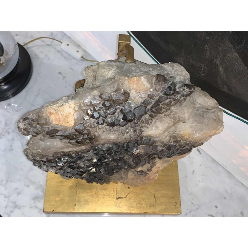 WILLY DARO (attr) Important QUARTZ Noir Fumé, Pierre Naturelle, Pied doré 1970s