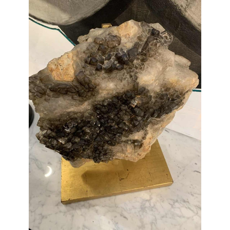 WILLY DARO (attr) Important QUARTZ Noir Fumé, Pierre Naturelle, Pied doré 1970s