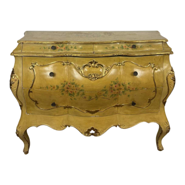 Venetian curved chest of drawers, hand-painted floral design on a cream background, Italy mid 20th century