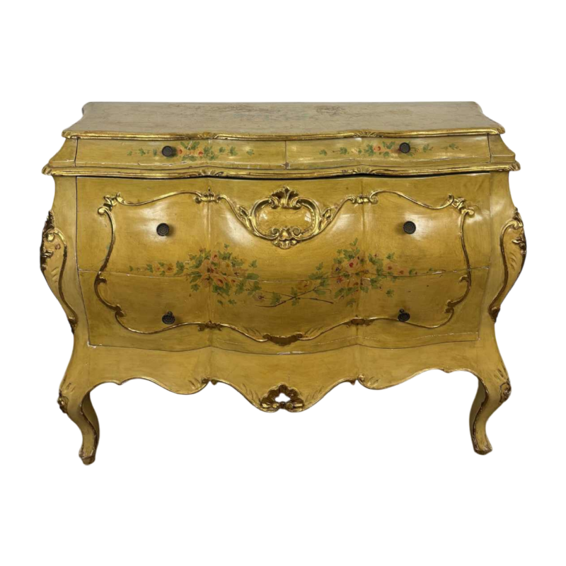 Venetian curved chest of drawers, hand-painted floral design on a cream background, Italy mid 20th century