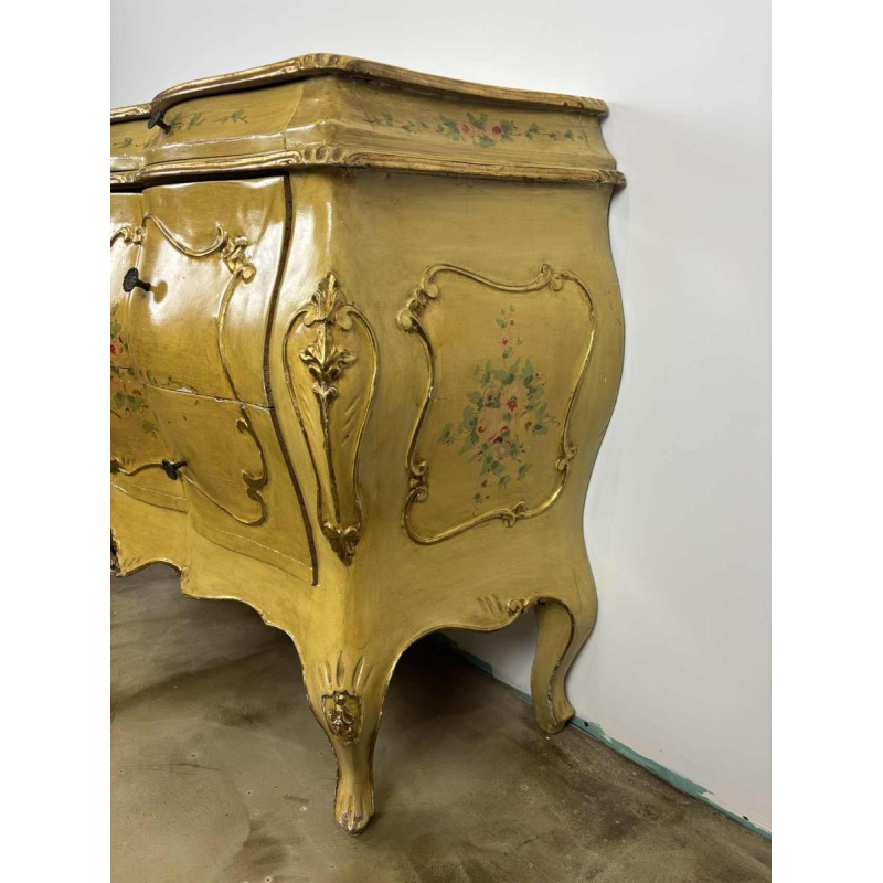 Venetian curved chest of drawers, hand-painted floral design on a cream background, Italy mid 20th century