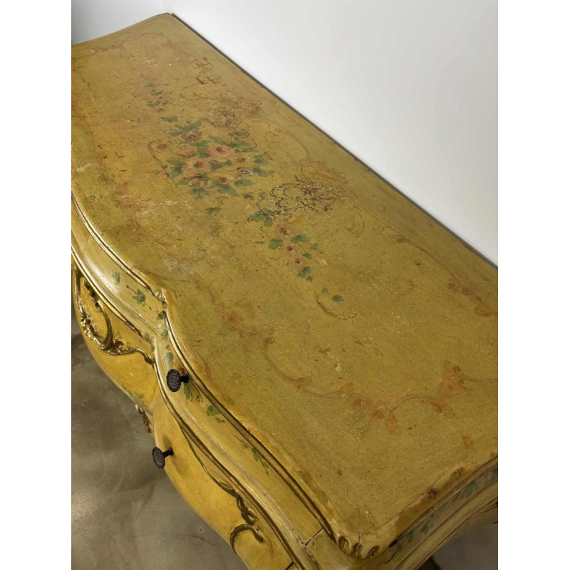 Venetian curved chest of drawers, hand-painted floral design on a cream background, Italy mid 20th century