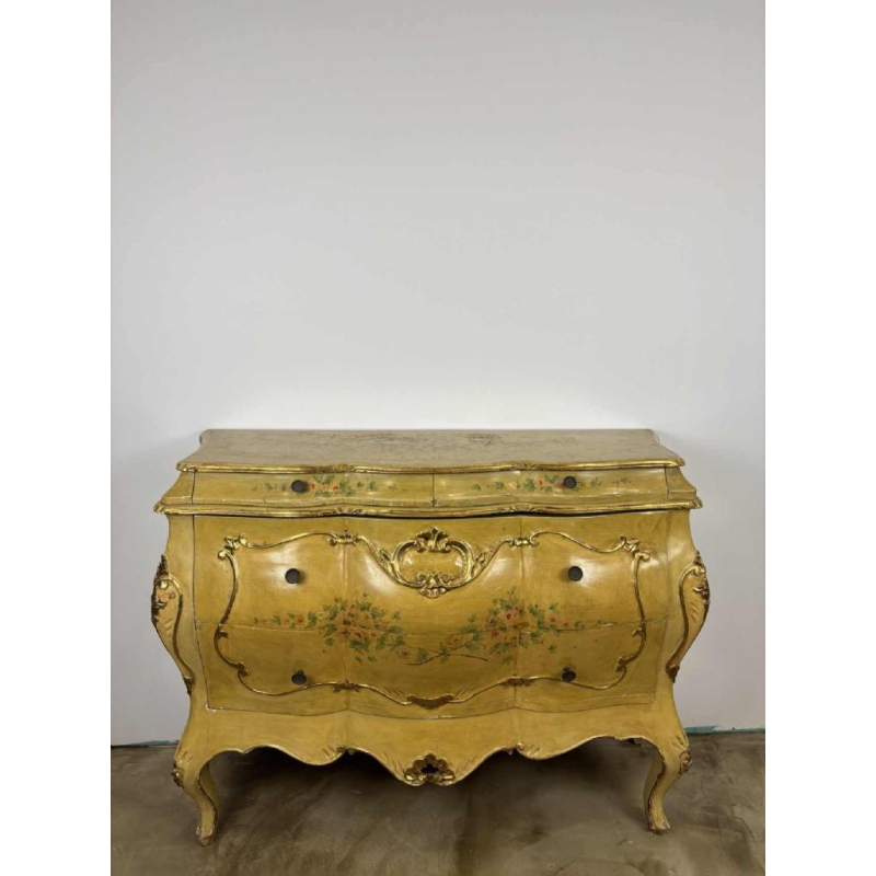 Venetian curved chest of drawers, hand-painted floral design on a cream background, Italy mid 20th century