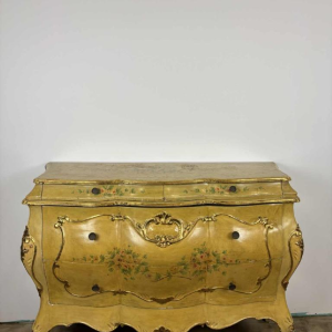 Venetian curved chest of drawers, hand-painted floral design on a cream background, Italy mid 20th century