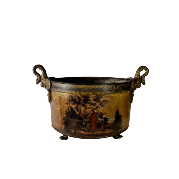 Planter in painted sheet metal decorated with a pastoral scene, 19th century