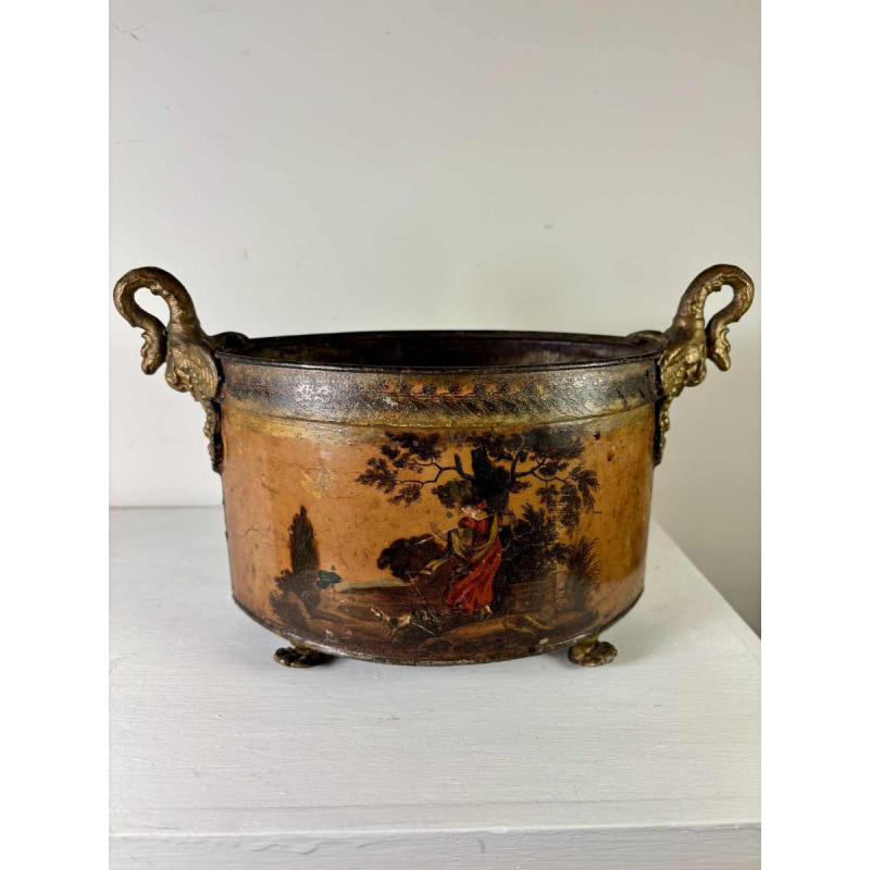Planter in painted sheet metal decorated with a pastoral scene, 19th century