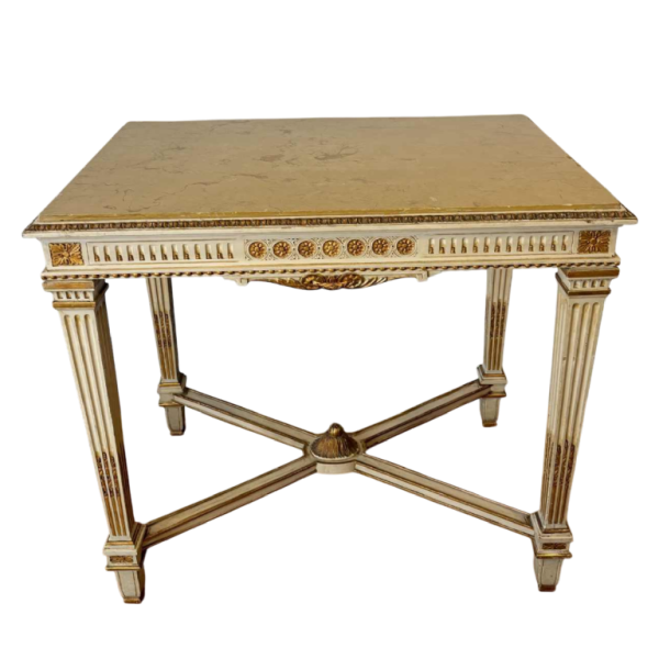Italian neoclassical console table with struts, lacquered and gilded wood, marble, mid 20th century