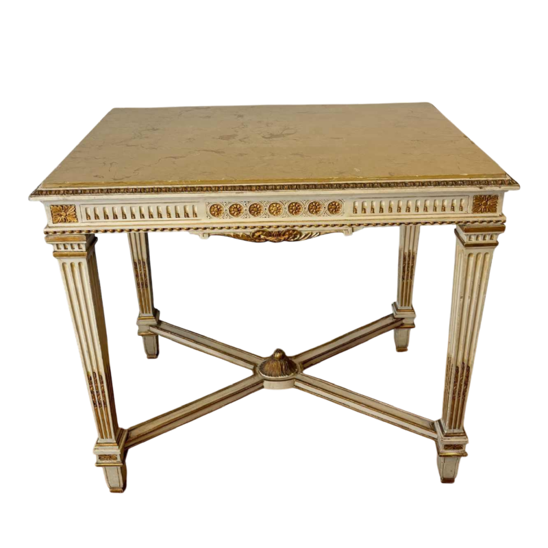 Table console néoclassique italienne à entretoise, bois laqué et doré, marbre, milieu XXe s