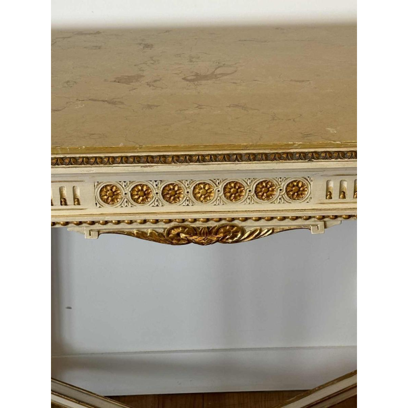 Italian neoclassical console table with struts, lacquered and gilded wood, marble, mid 20th century
