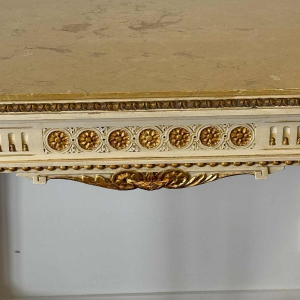 Italian neoclassical console table with struts, lacquered and gilded wood, marble, mid 20th century