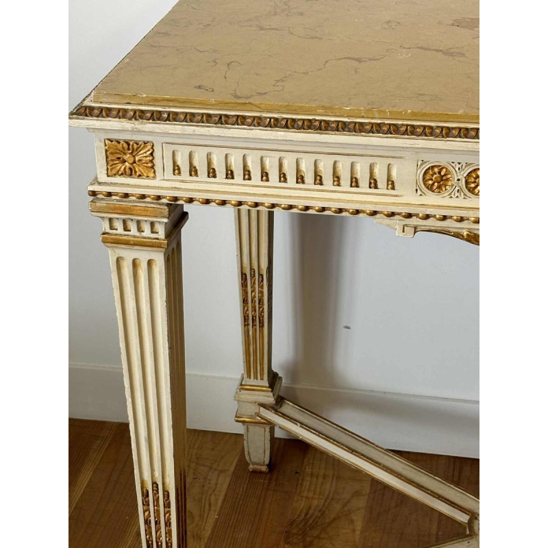 Italian neoclassical console table with struts, lacquered and gilded wood, marble, mid 20th century