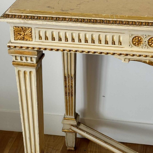 Italian neoclassical console table with struts, lacquered and gilded wood, marble, mid 20th century