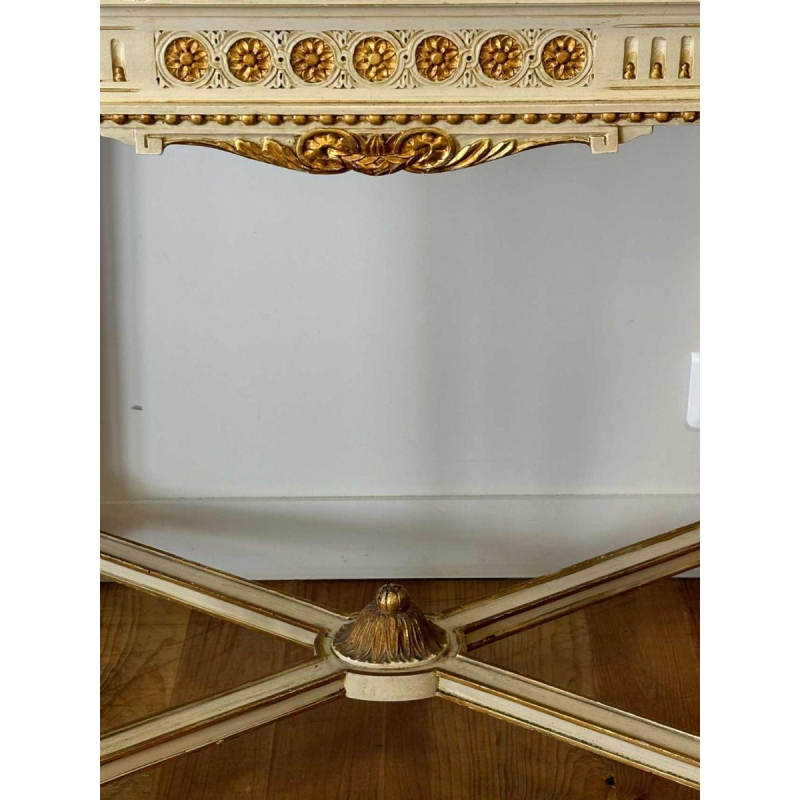 Table console néoclassique italienne à entretoise, bois laqué et doré, marbre, milieu XXe s