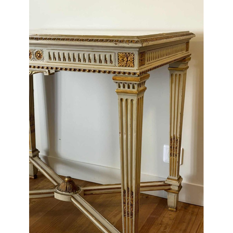 Table console néoclassique italienne à entretoise, bois laqué et doré, marbre, milieu XXe s