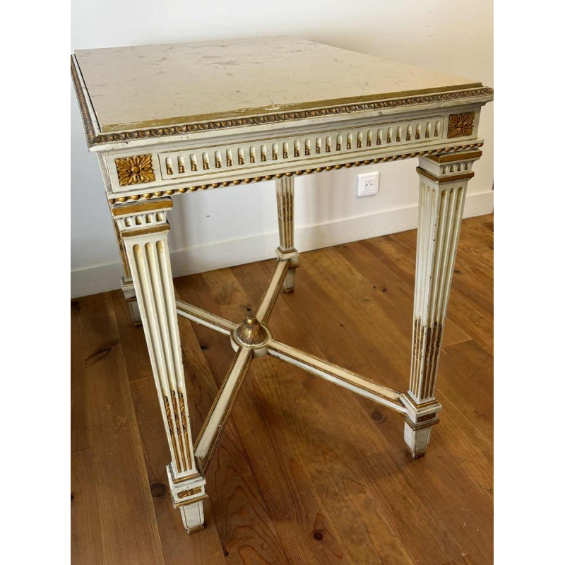 Italian neoclassical console table with struts, lacquered and gilded wood, marble, mid 20th century