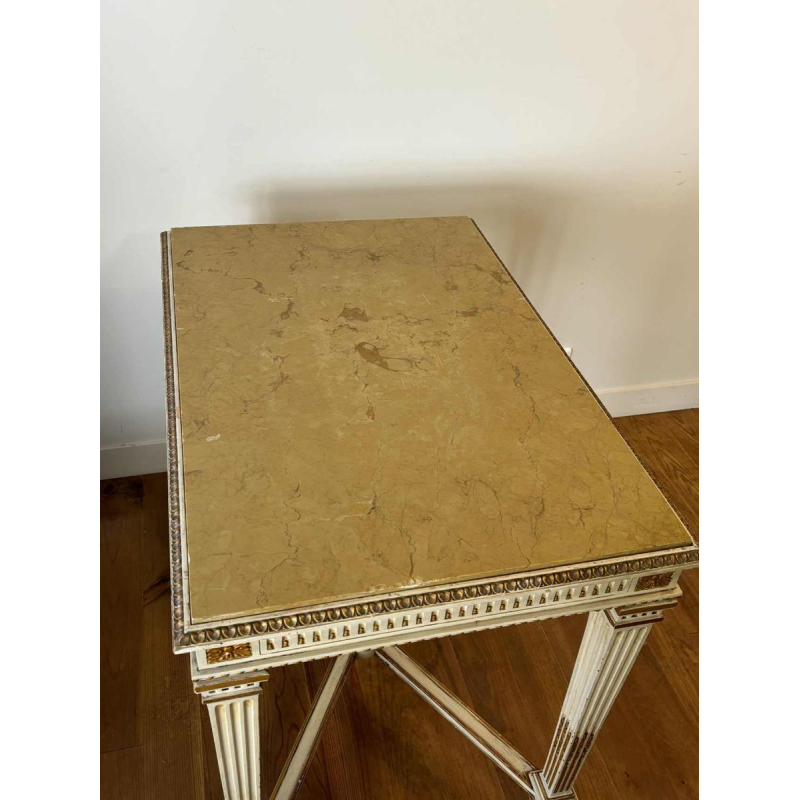 Table console néoclassique italienne à entretoise, bois laqué et doré, marbre, milieu XXe s