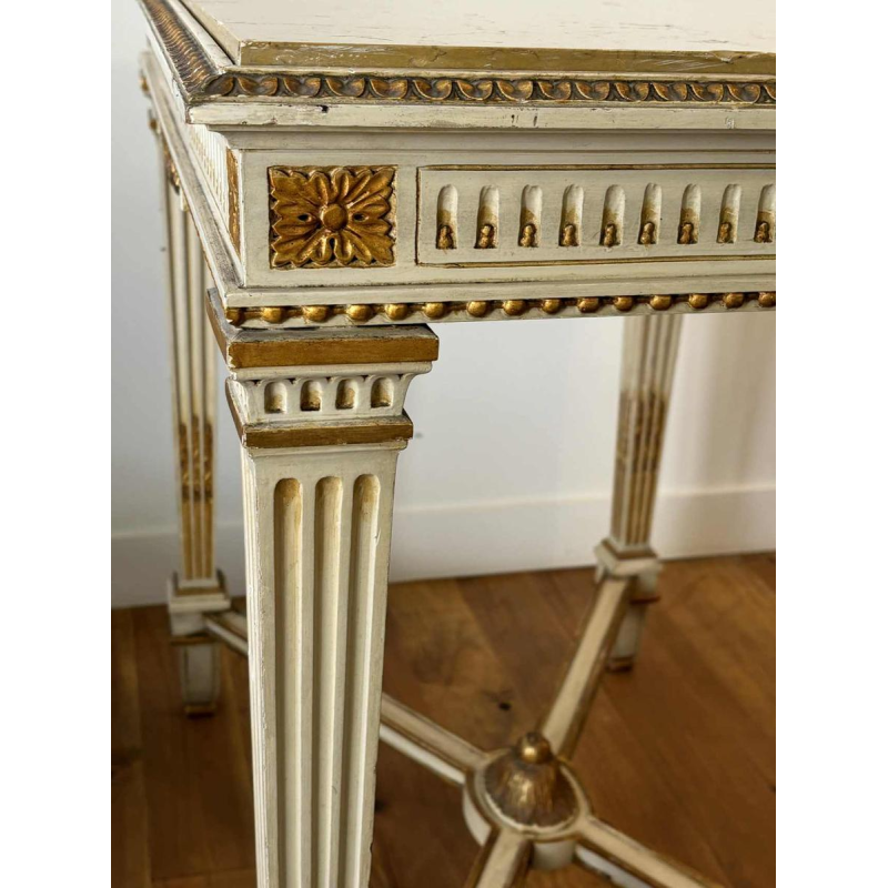 Table console néoclassique italienne à entretoise, bois laqué et doré, marbre, milieu XXe s