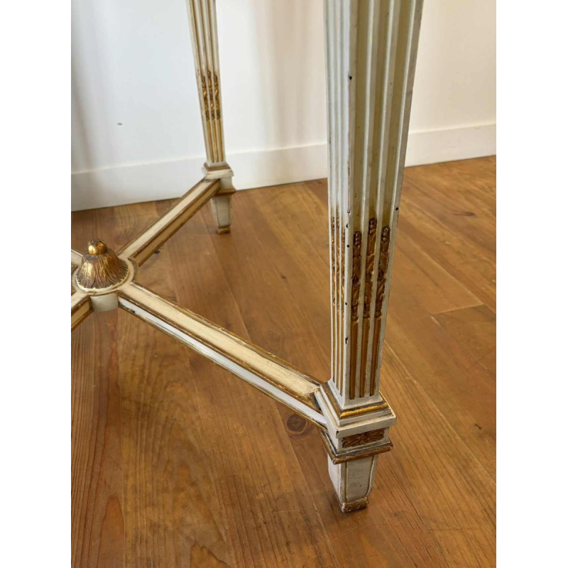 Table console néoclassique italienne à entretoise, bois laqué et doré, marbre, milieu XXe s