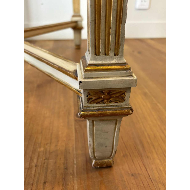 Italian neoclassical console table with struts, lacquered and gilded wood, marble, mid 20th century