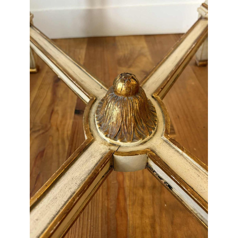 Italian neoclassical console table with struts, lacquered and gilded wood, marble, mid 20th century