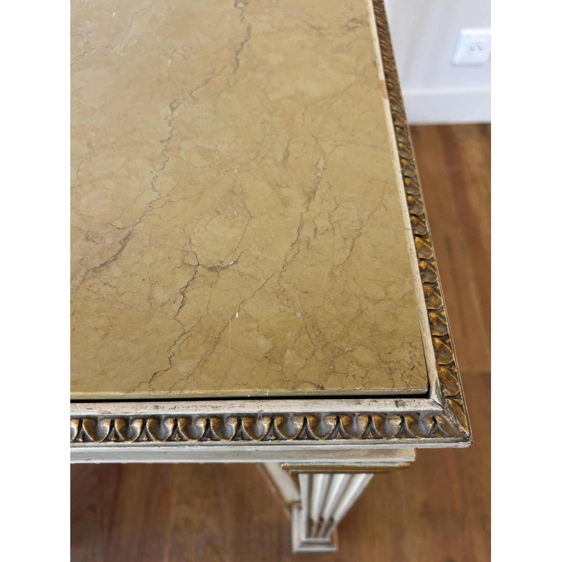 Italian neoclassical console table with struts, lacquered and gilded wood, marble, mid 20th century