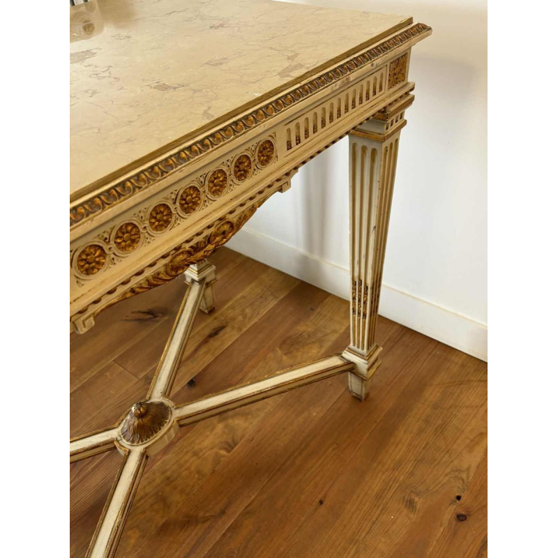 Table console néoclassique italienne à entretoise, bois laqué et doré, marbre, milieu XXe s