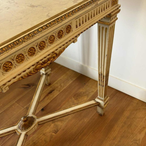 Table console néoclassique italienne à entretoise, bois laqué et doré, marbre, milieu XXe s