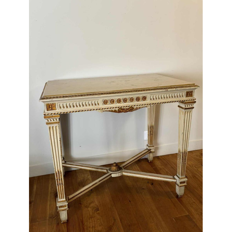 Italian neoclassical console table with struts, lacquered and gilded wood, marble, mid 20th century