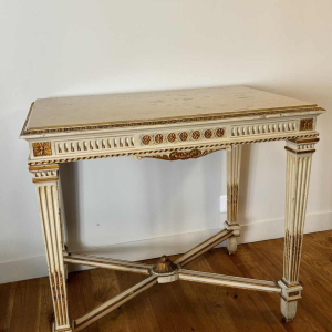 Table console néoclassique italienne à entretoise, bois laqué et doré, marbre, milieu XXe s