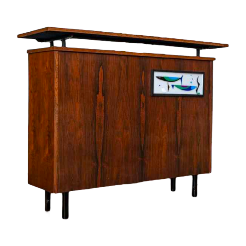 Meuble bar en palissandre vintage à décor rétro-éclairé de poissons, Italie, ca 1970